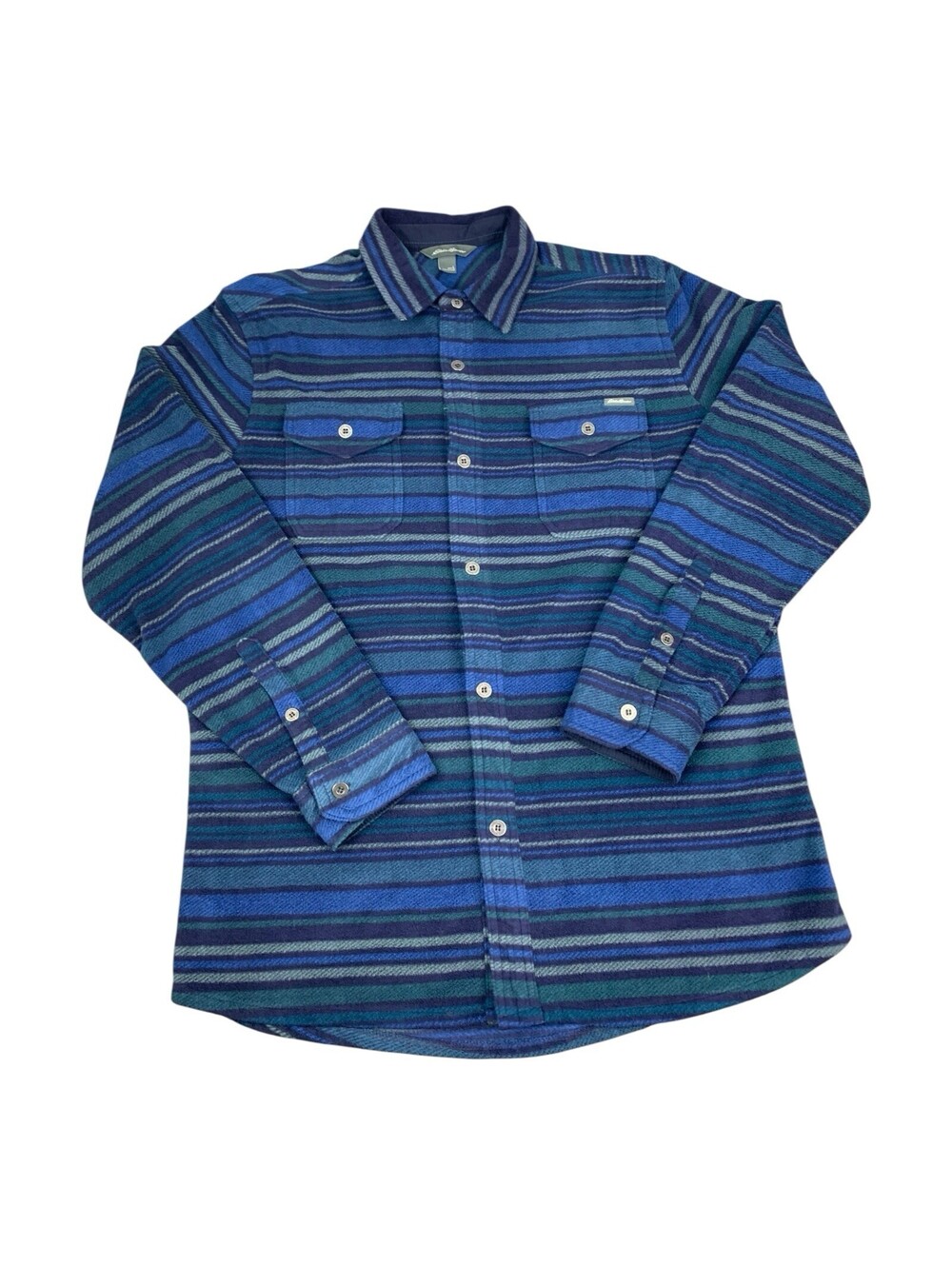 Eddie Bauer Fleece Shirt Mens Blue Striped Long Sleeve Button Up Size Large